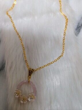 Handcrafted Gold-Tone Necklace with Cream Floral Lavender Round Pendant